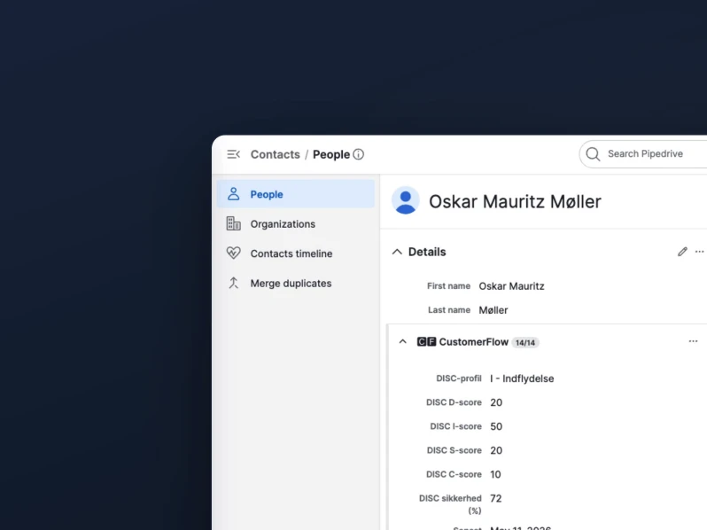 CustomerFlow-felter på en person i Pipedrive